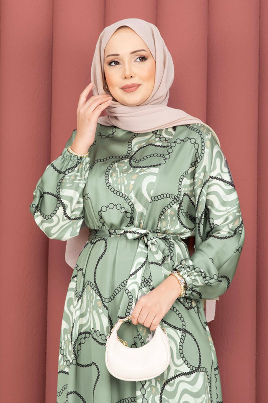 Chain Pattern Belted Modest Dress Khaki