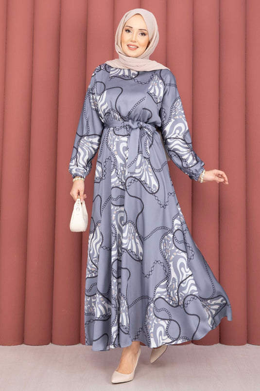 Robe voilée à ceinture à motif chaîne indigo