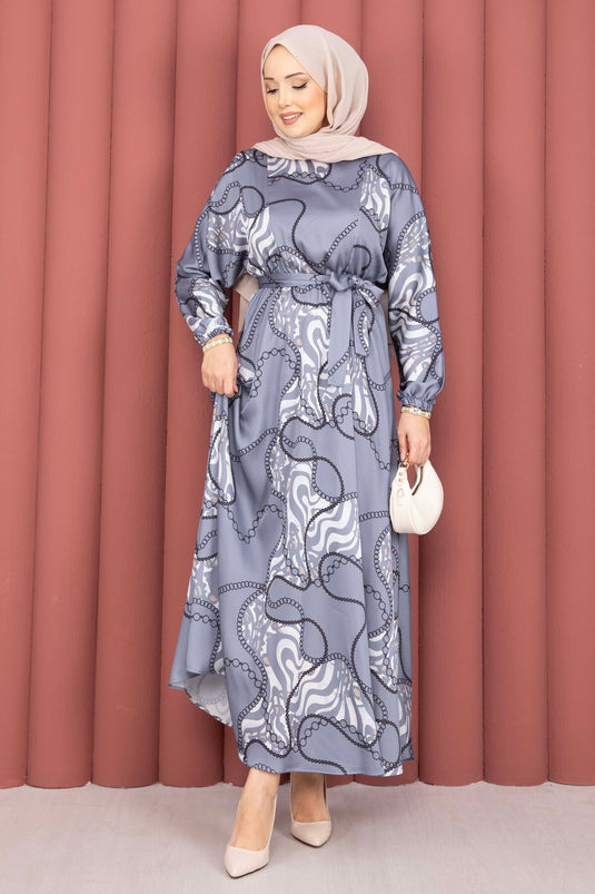Robe voilée à ceinture à motif chaîne indigo