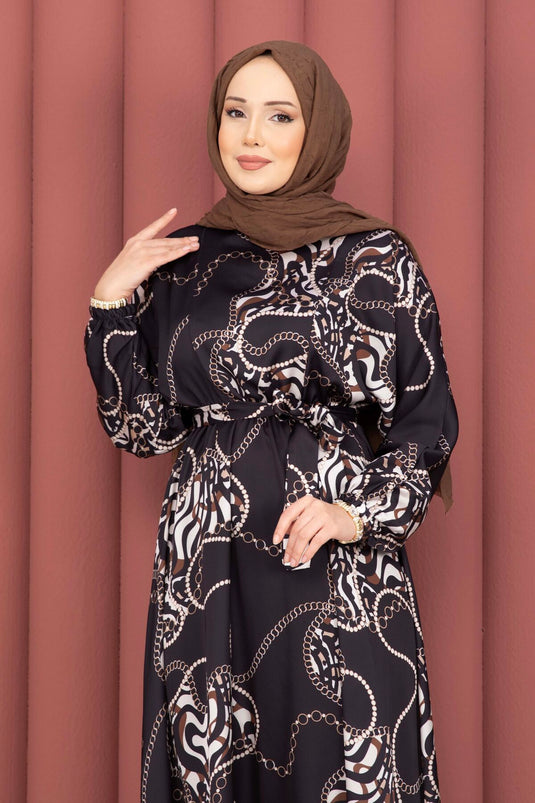 Robe voilée à ceinture à motif chaîne noire