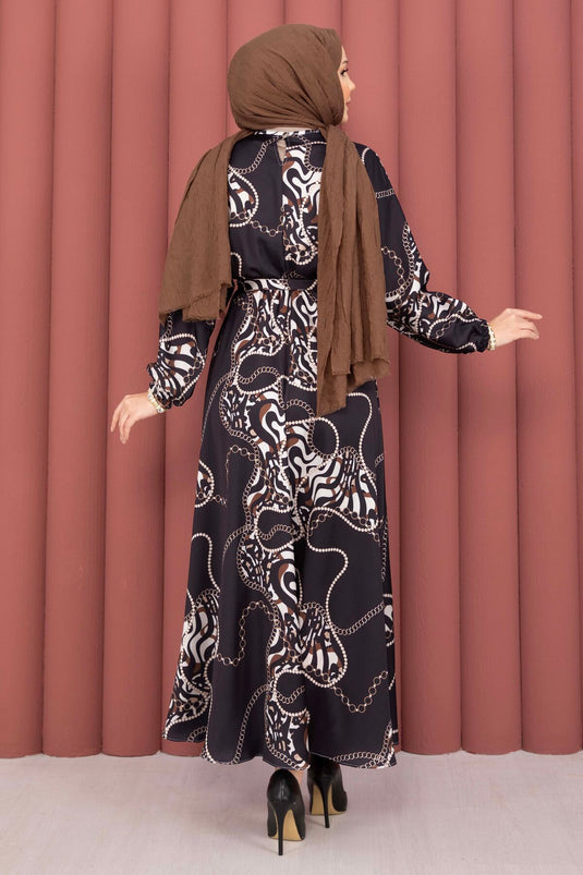 Robe voilée à ceinture à motif chaîne noire