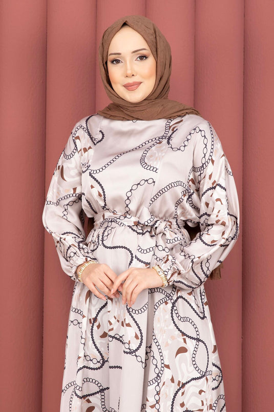 فستان محتشم بحزام ونقشة سلسلة بلون فيزون