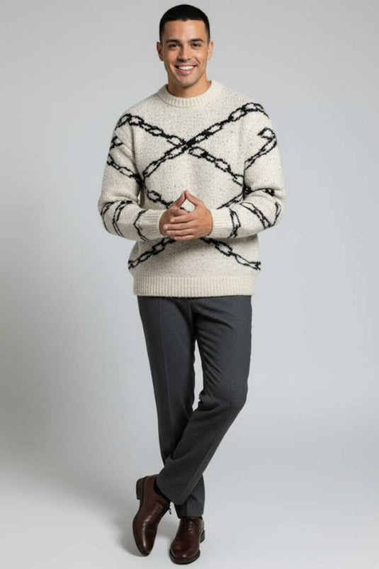 Chain Pattern Knitted Sweater for Men, Cream