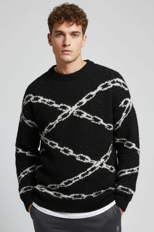 Pull en maille à motif chaîne pour homme, noir