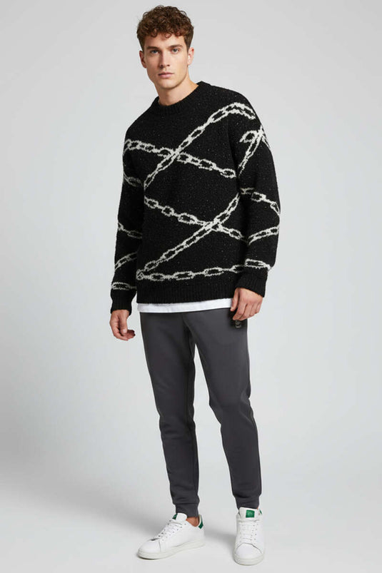 Pull en maille à motif chaîne pour homme, noir
