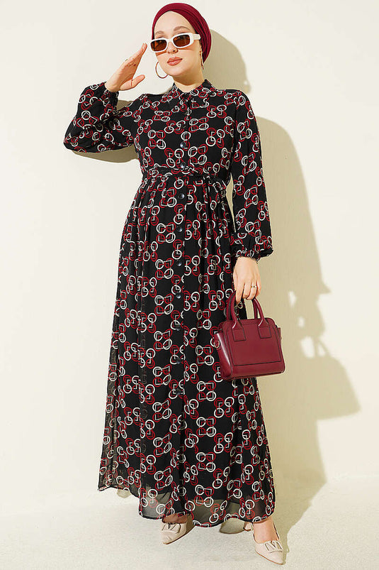Robe En Chiffon À Motifs Et Boutons Bordeaux