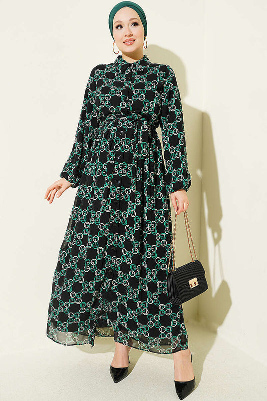 Robe En Chiffon À Motifs Et Boutons Verte