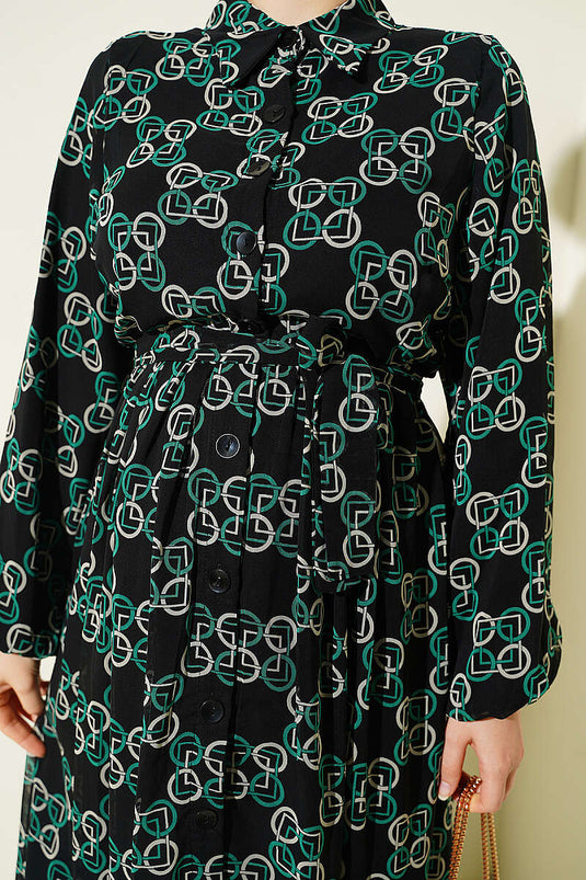 Robe En Chiffon À Motifs Et Boutons Verte