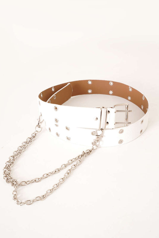 Chain Detailed Double Hole White Belt
