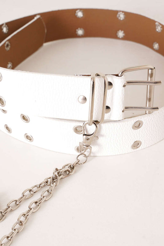Chain Detailed Double Hole White Belt