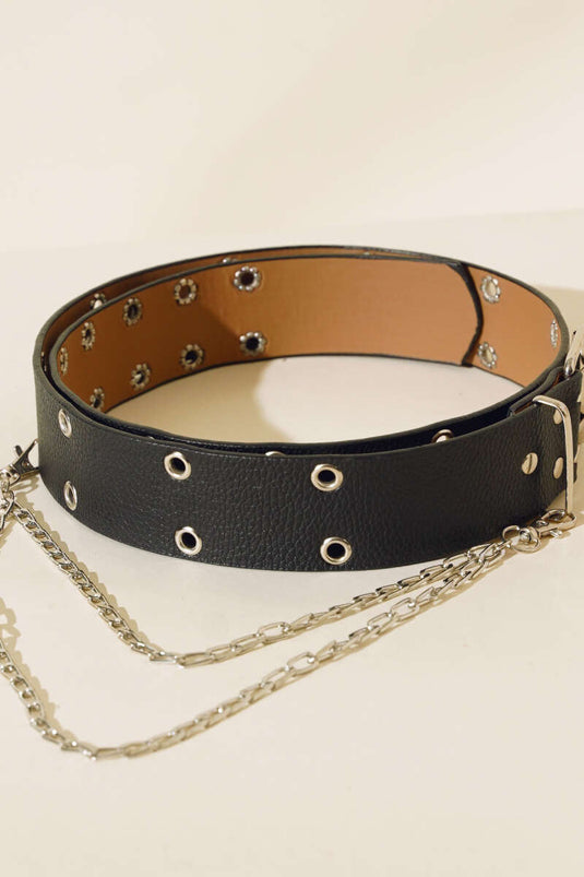 Black Double-Hole Belt With Chain Detail
