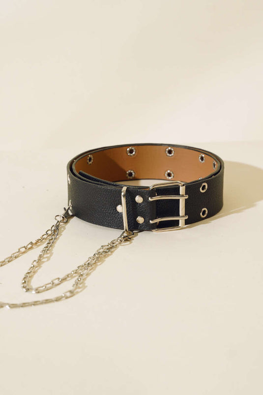 Black Double-Hole Belt With Chain Detail