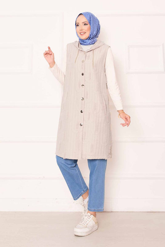 Zincir Detaylı Düğmeli Kapitone Yelek Taş