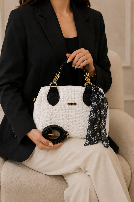 White Hand and Shoulder Bag with Chain Detail