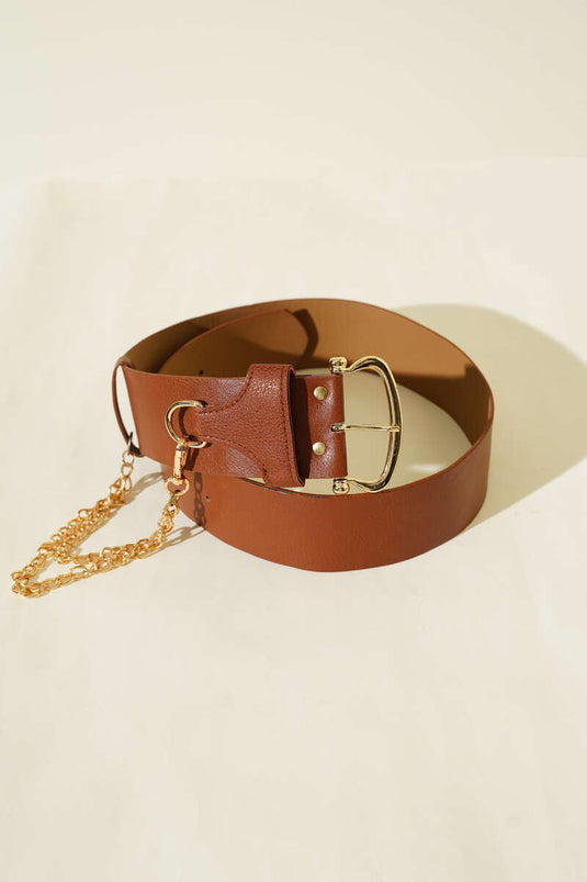 Thick Belt with Chain Detail Tan
