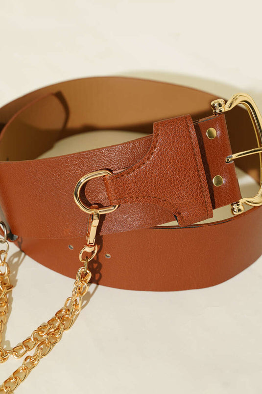 Thick Belt with Chain Detail Tan