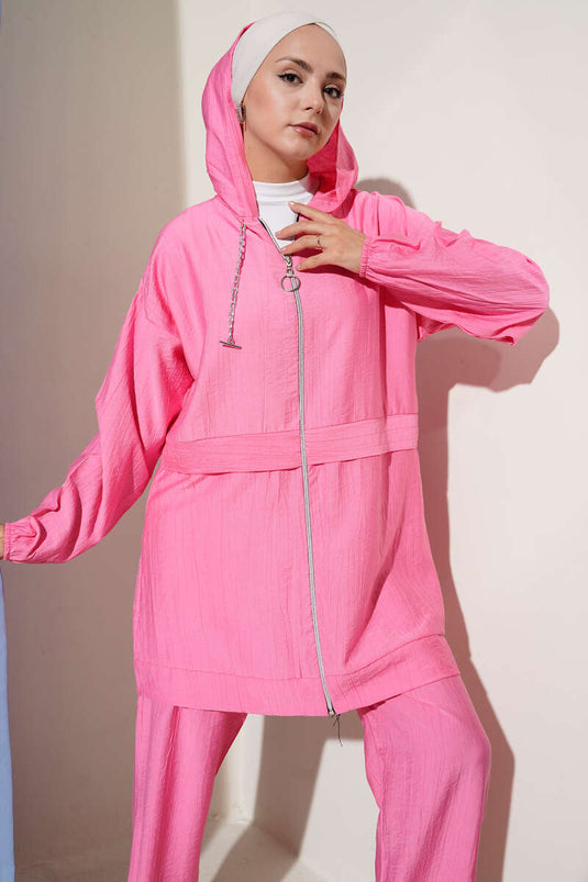 Zincir Detaylı Kapüşonlu İkili Takım Pembe