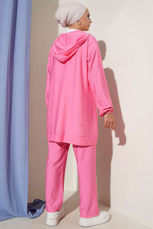 Zincir Detaylı Kapüşonlu İkili Takım Pembe