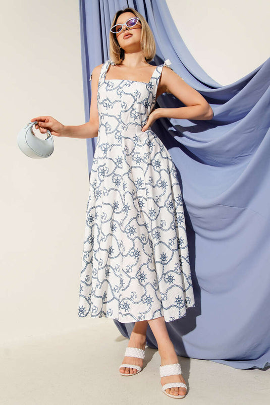 Chain Stitch Detail Off-Shoulder Dress Blue