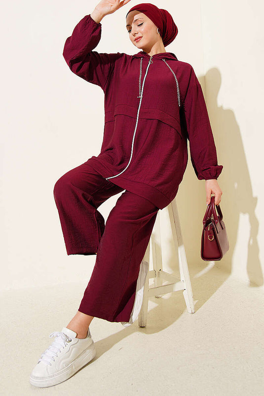 Burgundy Two-Piece Set with Chain String Detail and Zipper