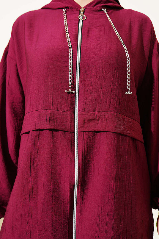 Burgundy Two-Piece Set with Chain String Detail and Zipper