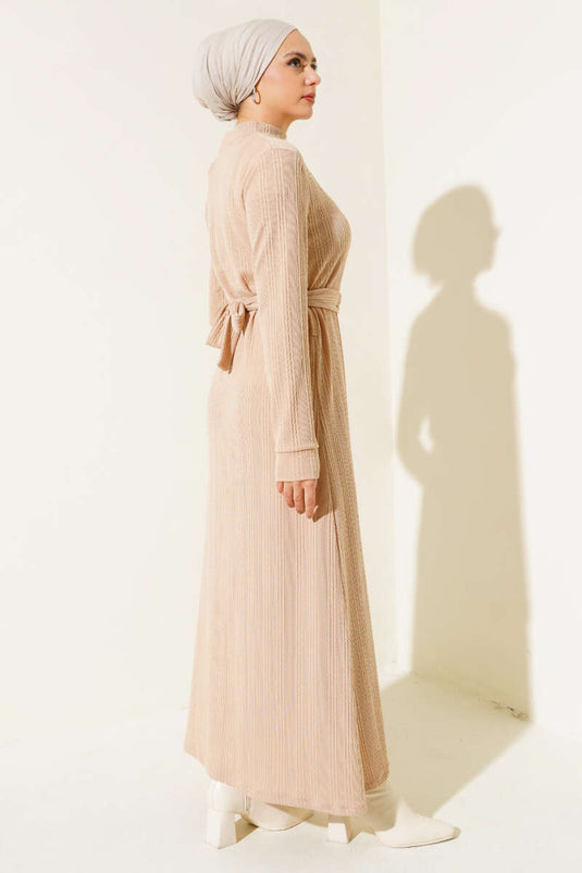 Zincir Kuşaklı Fitilli Elbise Bej