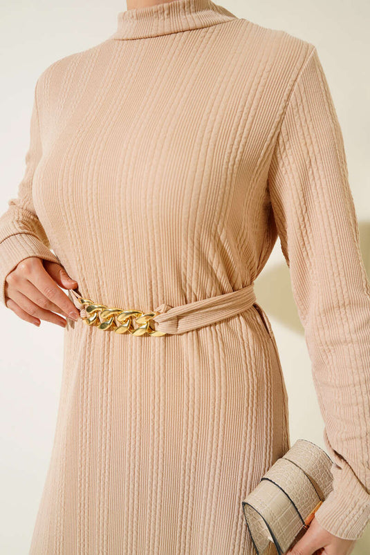Zincir Kuşaklı Fitilli Elbise Bej