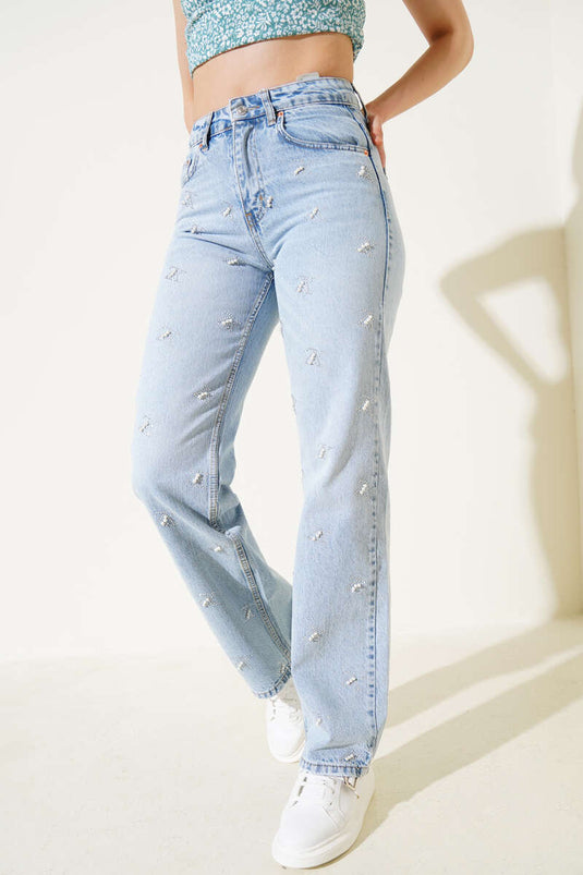 ZX Embroidered Stoned Pearl Jeans Ice Blue