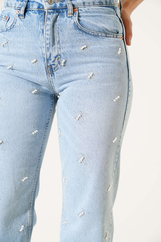 ZX Embroidered Stoned Pearl Jeans Ice Blue