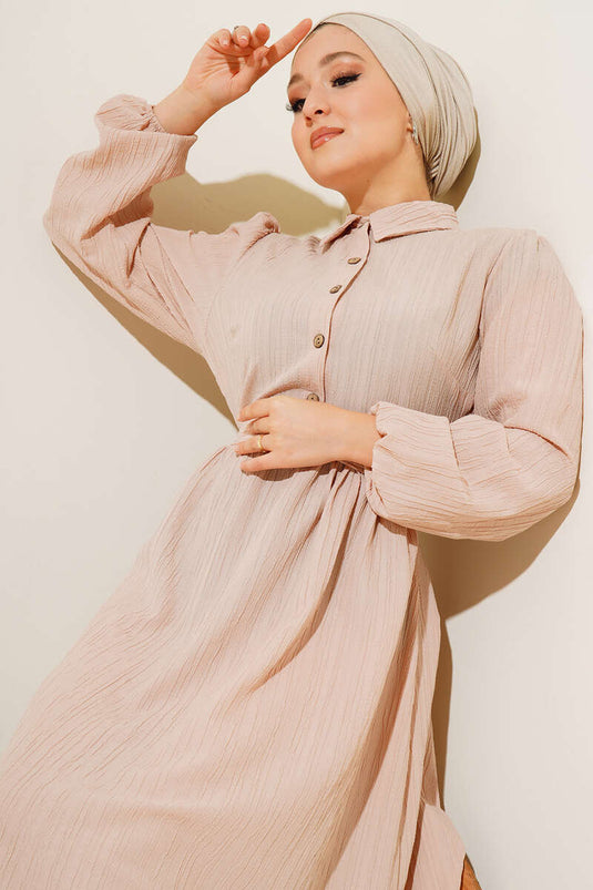Half Button Placket Belted Dress Beige