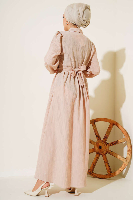 Half Button Placket Belted Dress Beige