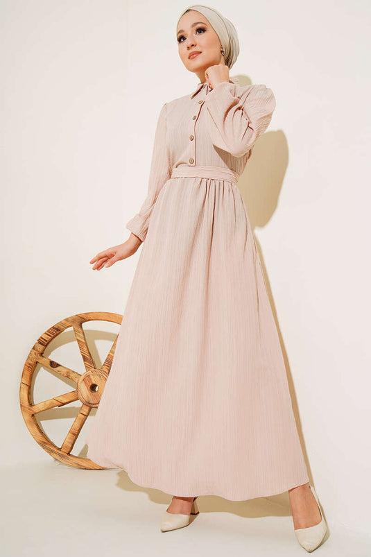 Half Button Placket Belted Dress Beige