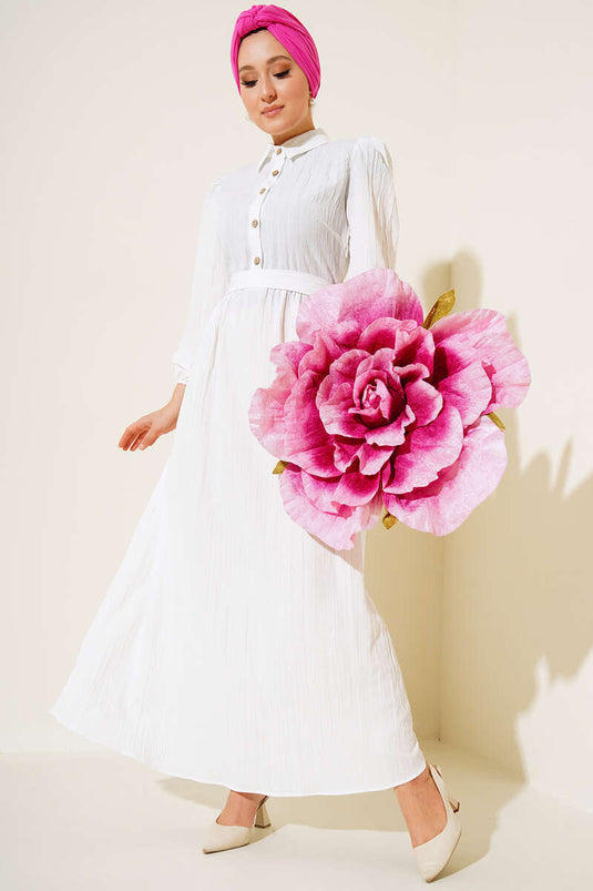 Half Button Placket Belted Dress White