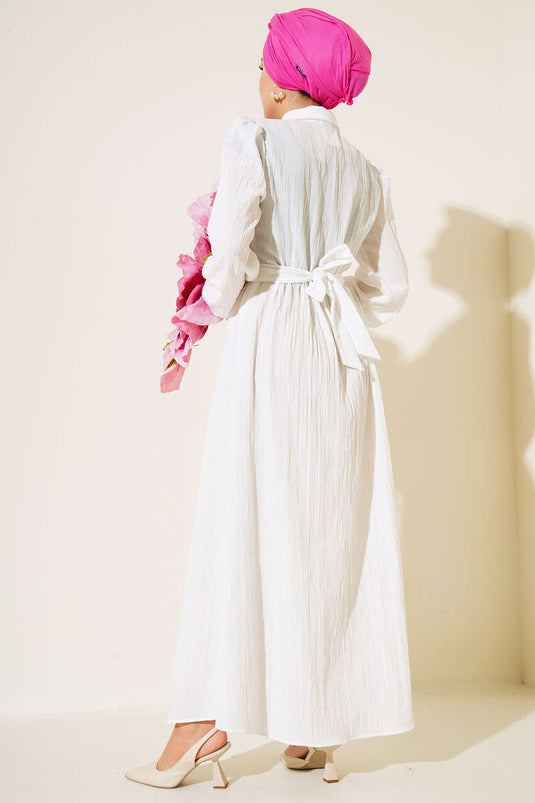 Half Button Placket Belted Dress White