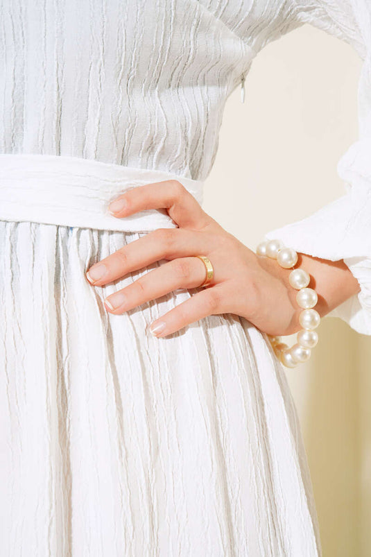 Half Button Placket Belted Dress White