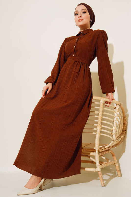 Half Button Placket Belted Dress Brown
