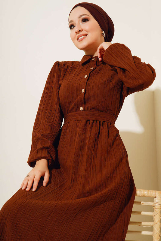 Half Button Placket Belted Dress Brown