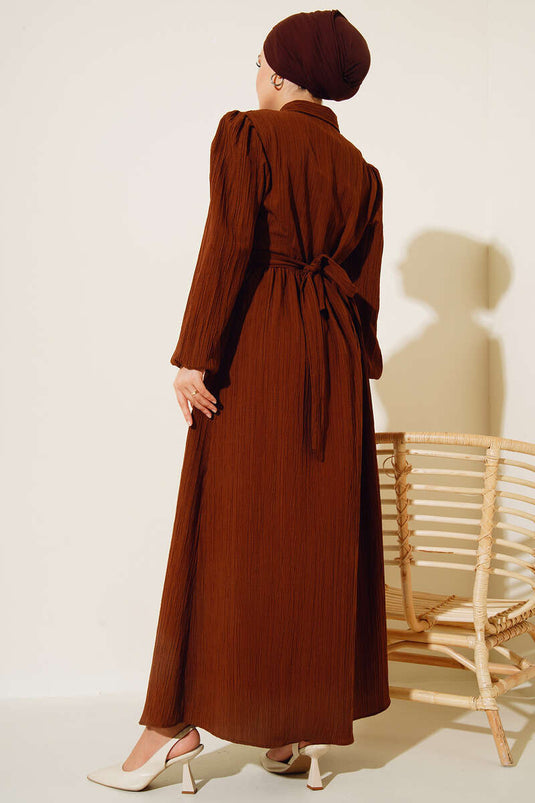 Half Button Placket Belted Dress Brown