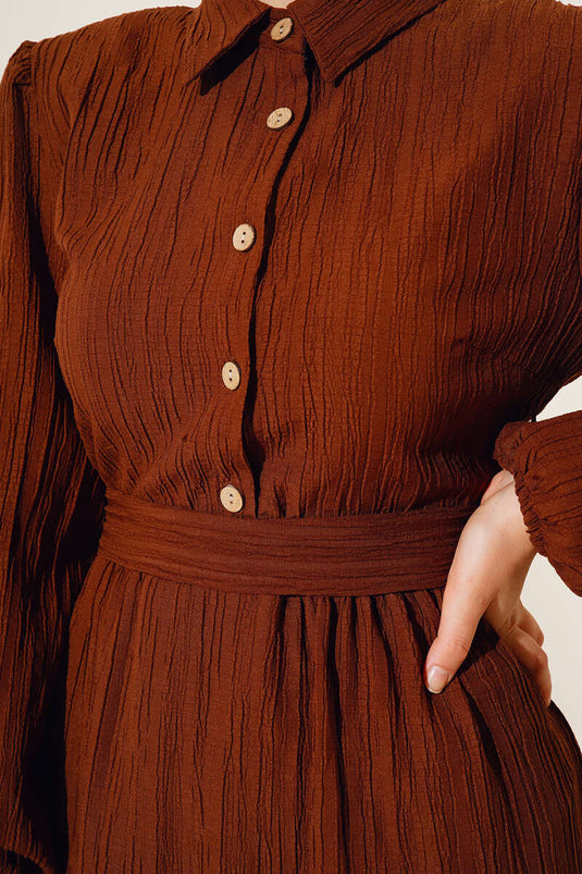 Half Button Placket Belted Dress Brown