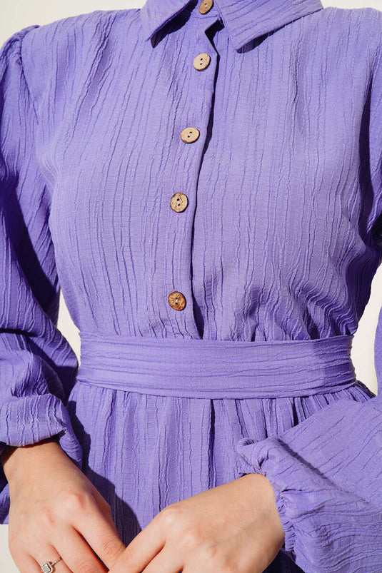 Half Button Placket Belted Dress Lilac