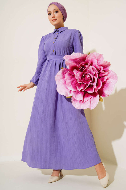 Half Button Placket Belted Dress Lilac