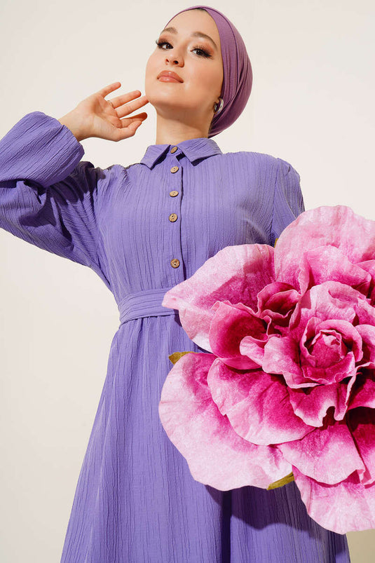Half Button Placket Belted Dress Lilac