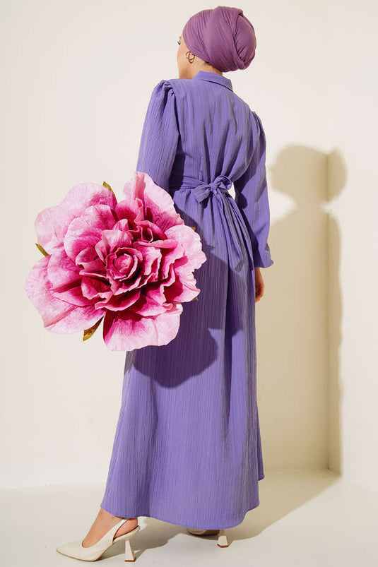Half Button Placket Belted Dress Lilac