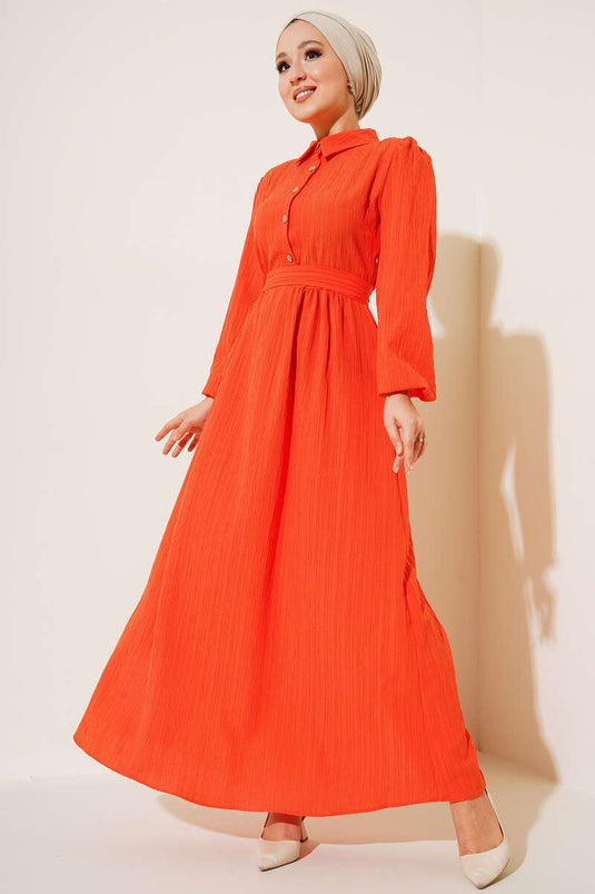 Half Button Placket Belted Dress Orange