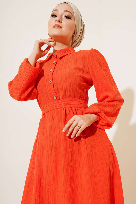 Half Button Placket Belted Dress Orange