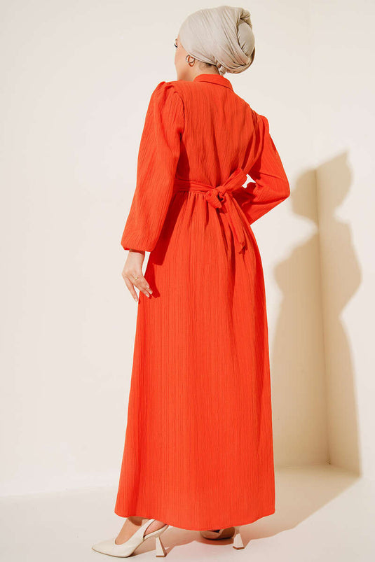 Half Button Placket Belted Dress Orange