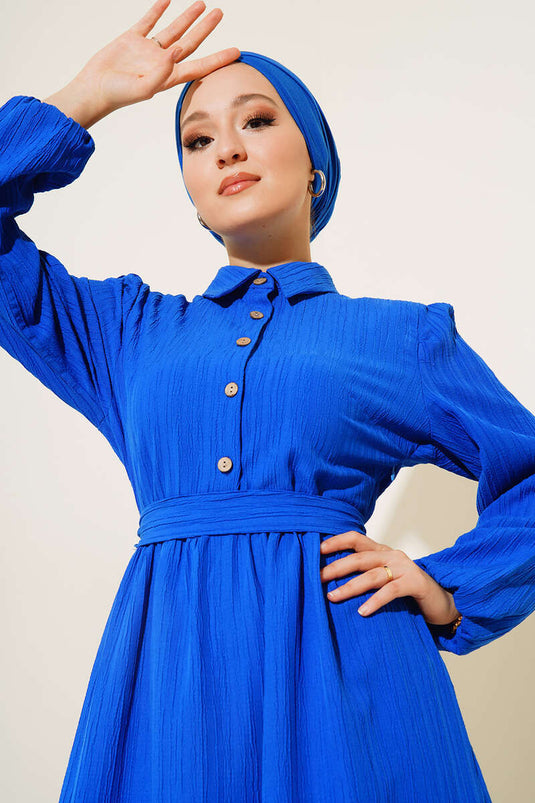 Half Button Placket Belted Dress Royal Blue