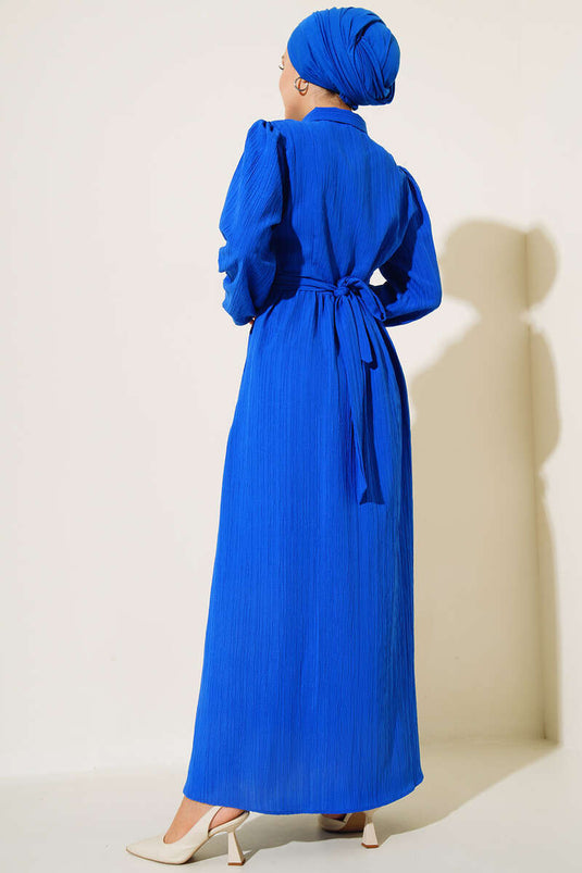 Robe ceinturée à demi-patte de boutonnage bleu roi