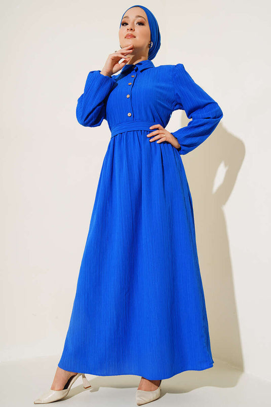 Half Button Placket Belted Dress Royal Blue
