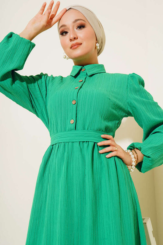 Half Button Placket Belted Dress Green